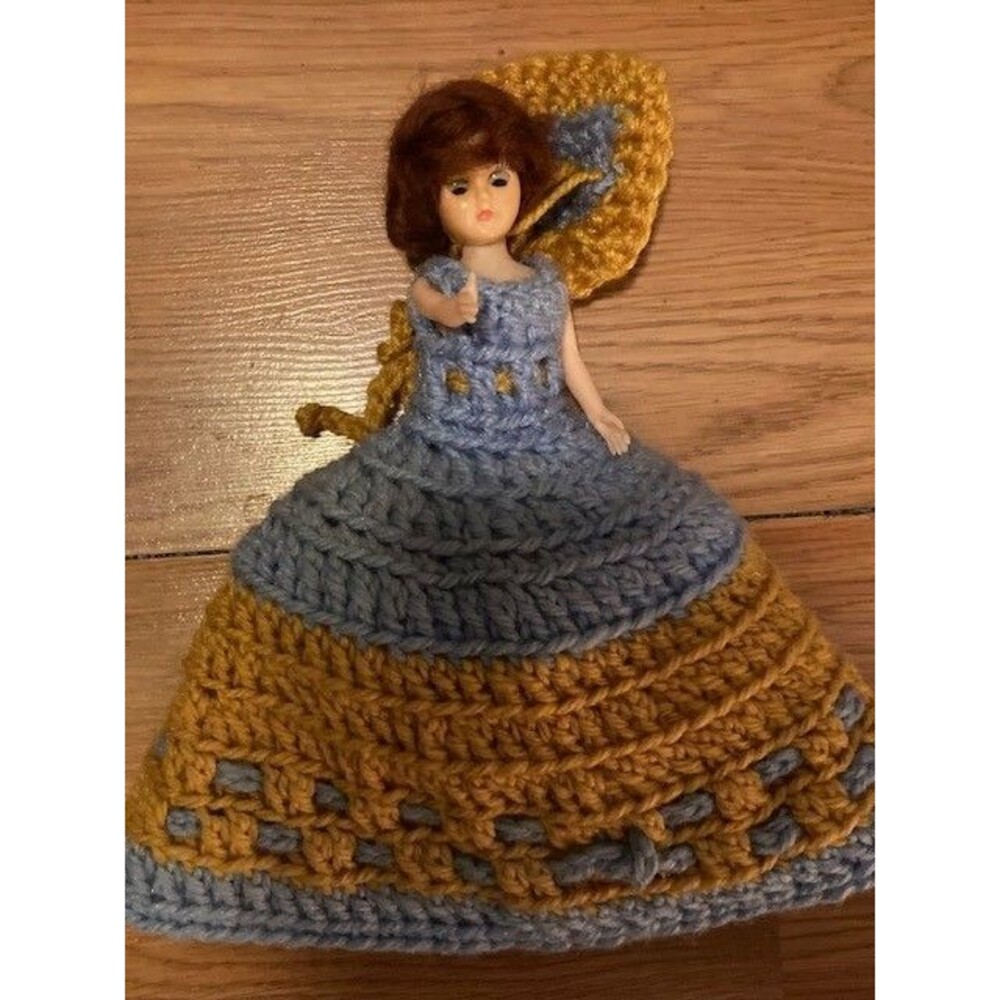 Vintage Porcelain Doll wi/ Handmade Crochet Dress Blue/Gold COLLECTABLE